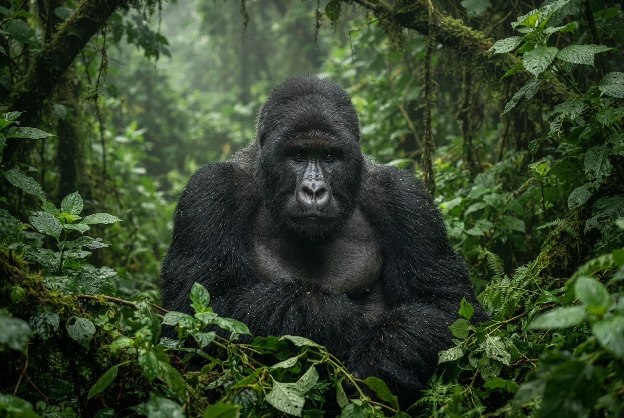 Silverback gorilla resting in dense forest