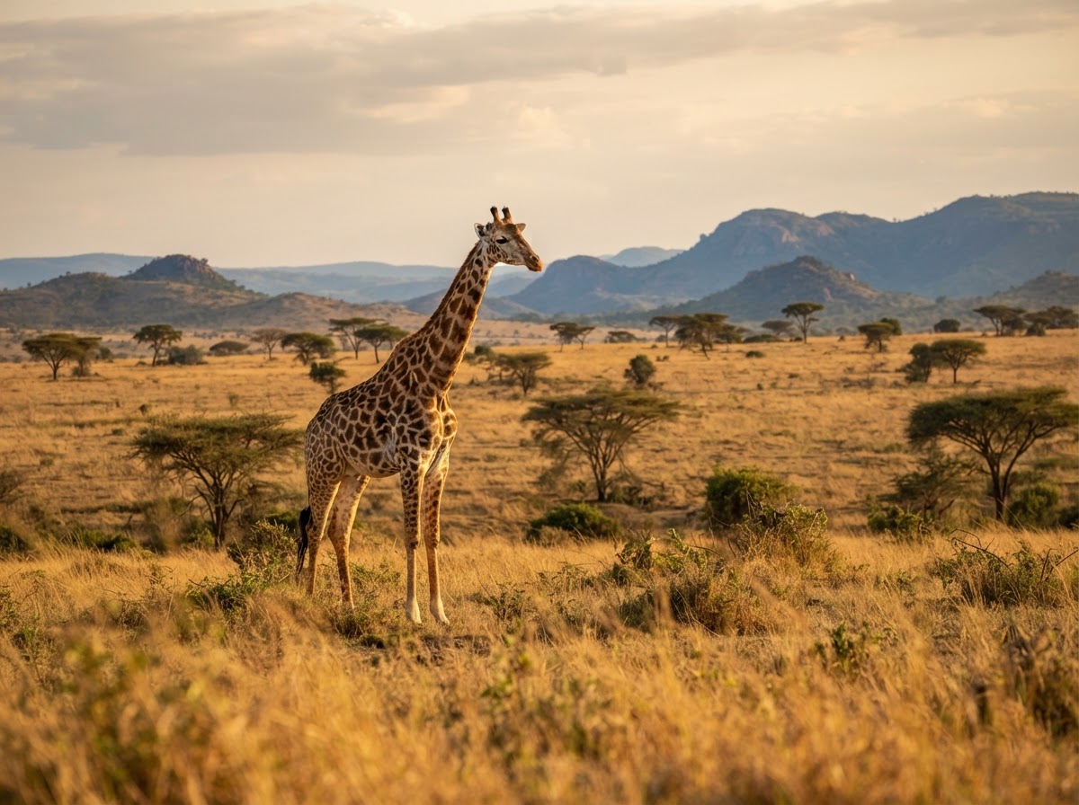 Giraffe on the open Uganda savannah at sunset