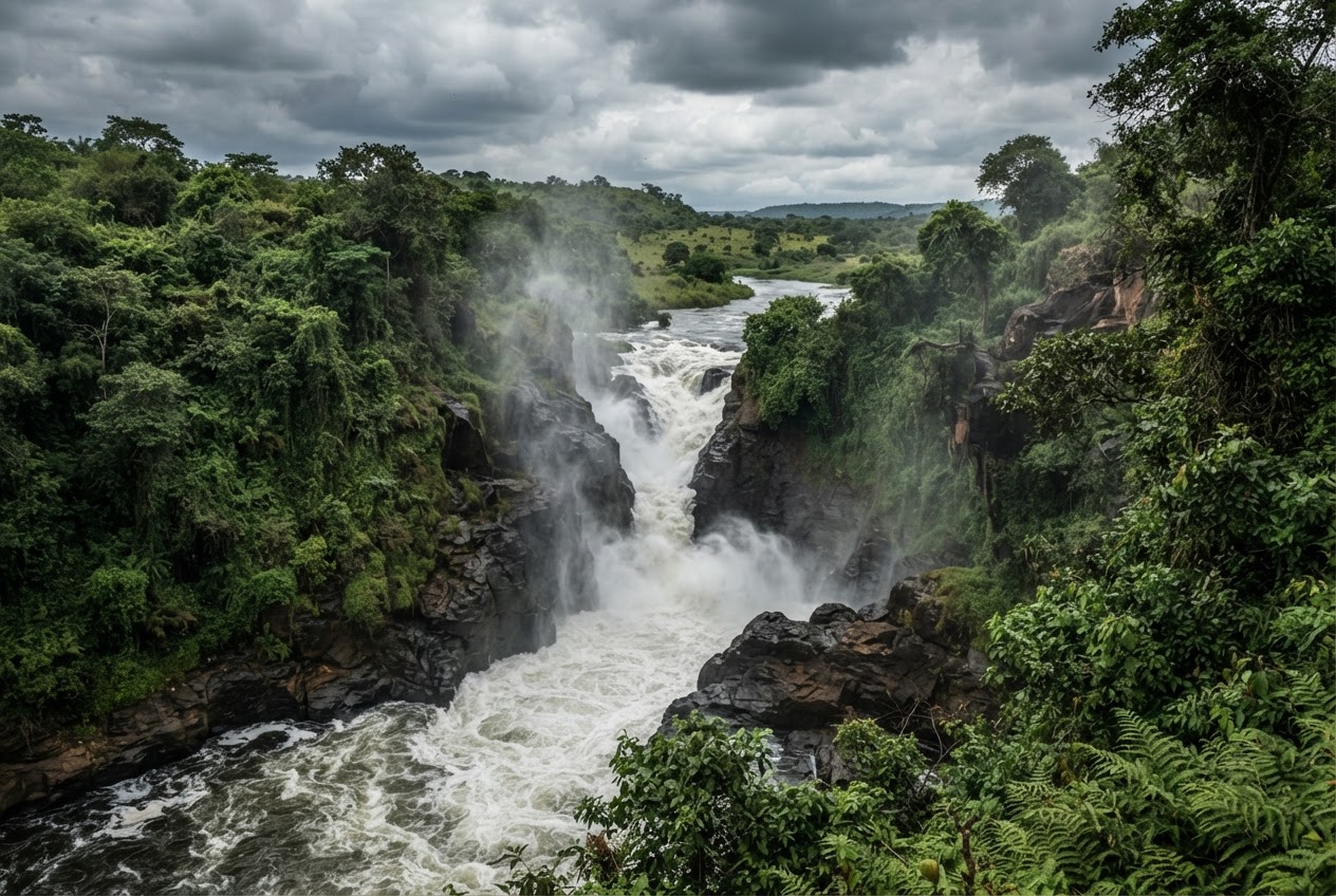 Powerful waterfall surrounded by lush greenery