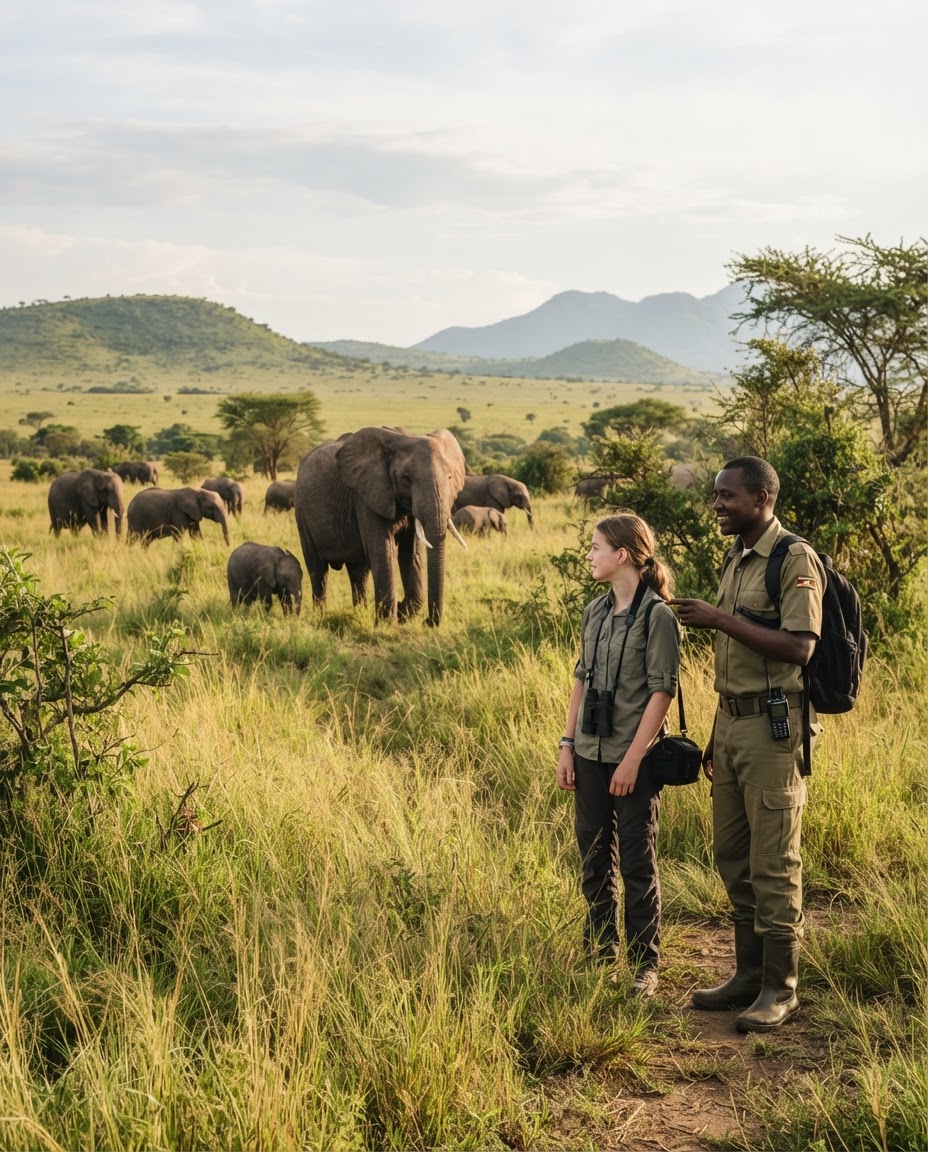A safari guide and traveller watching elephants on the Uganda savannah
