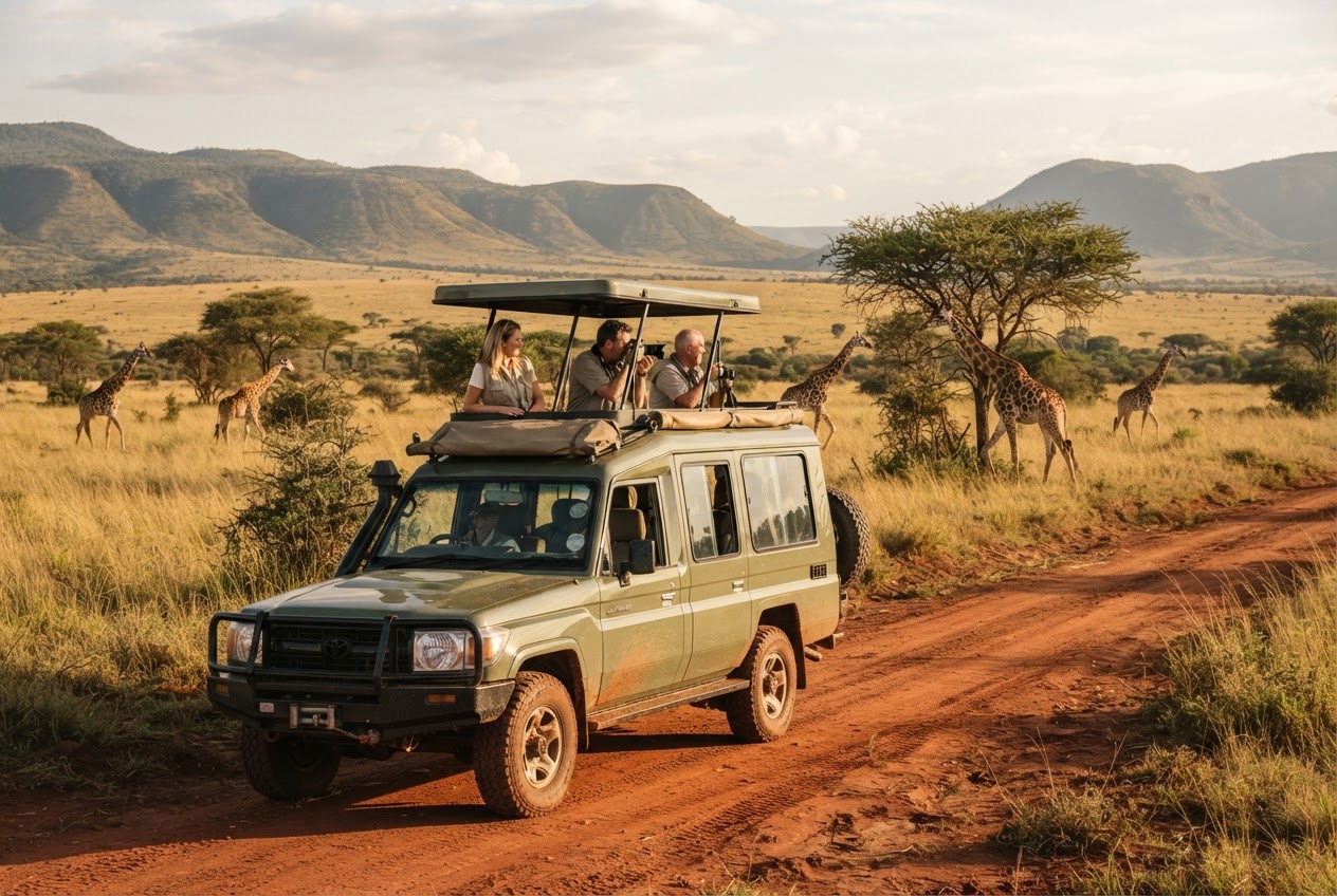 Safari vehicle with travellers on a Uganda game drive