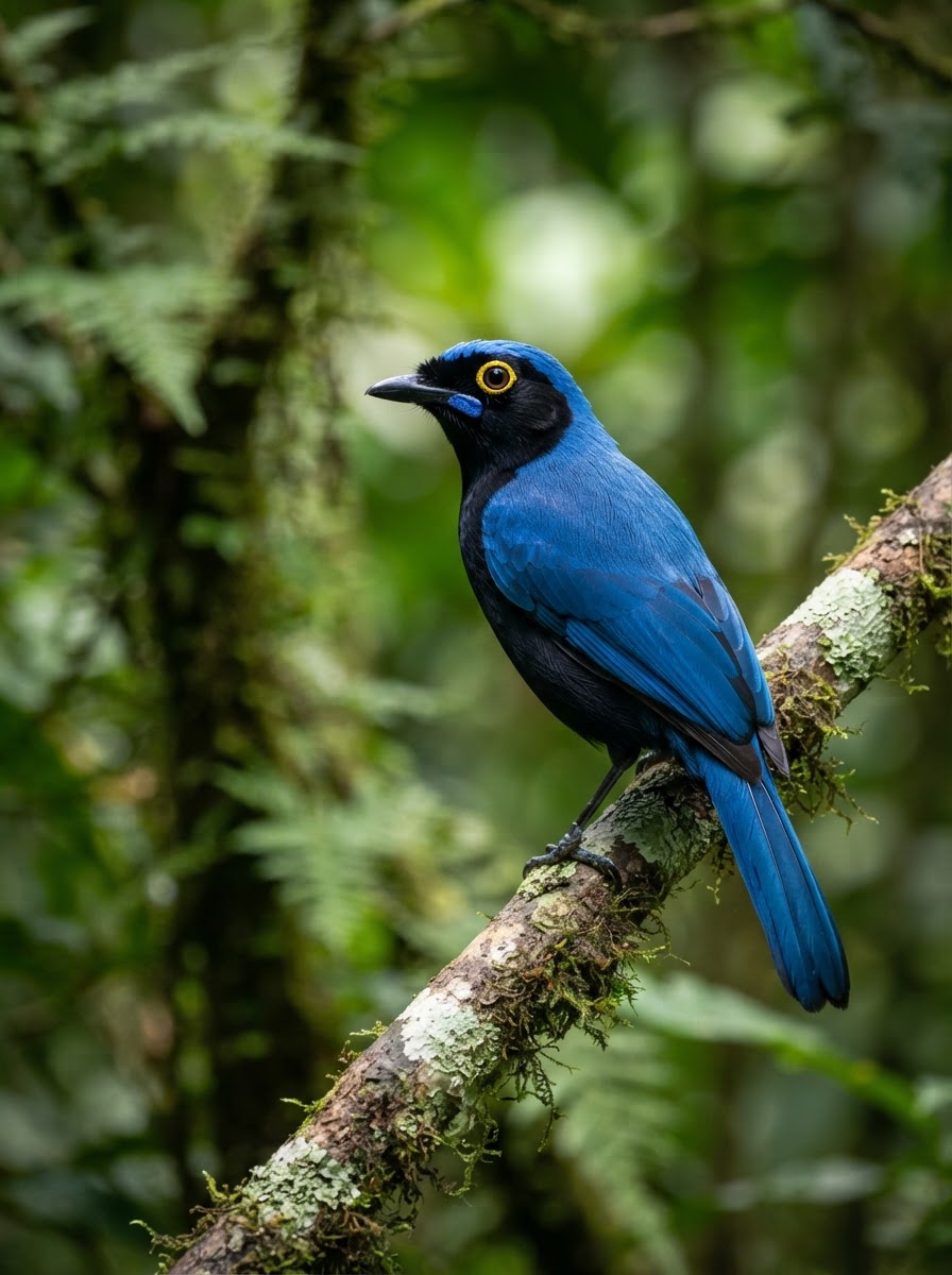 Blue bird perched on a moss-covered branch in a Ugandan forest